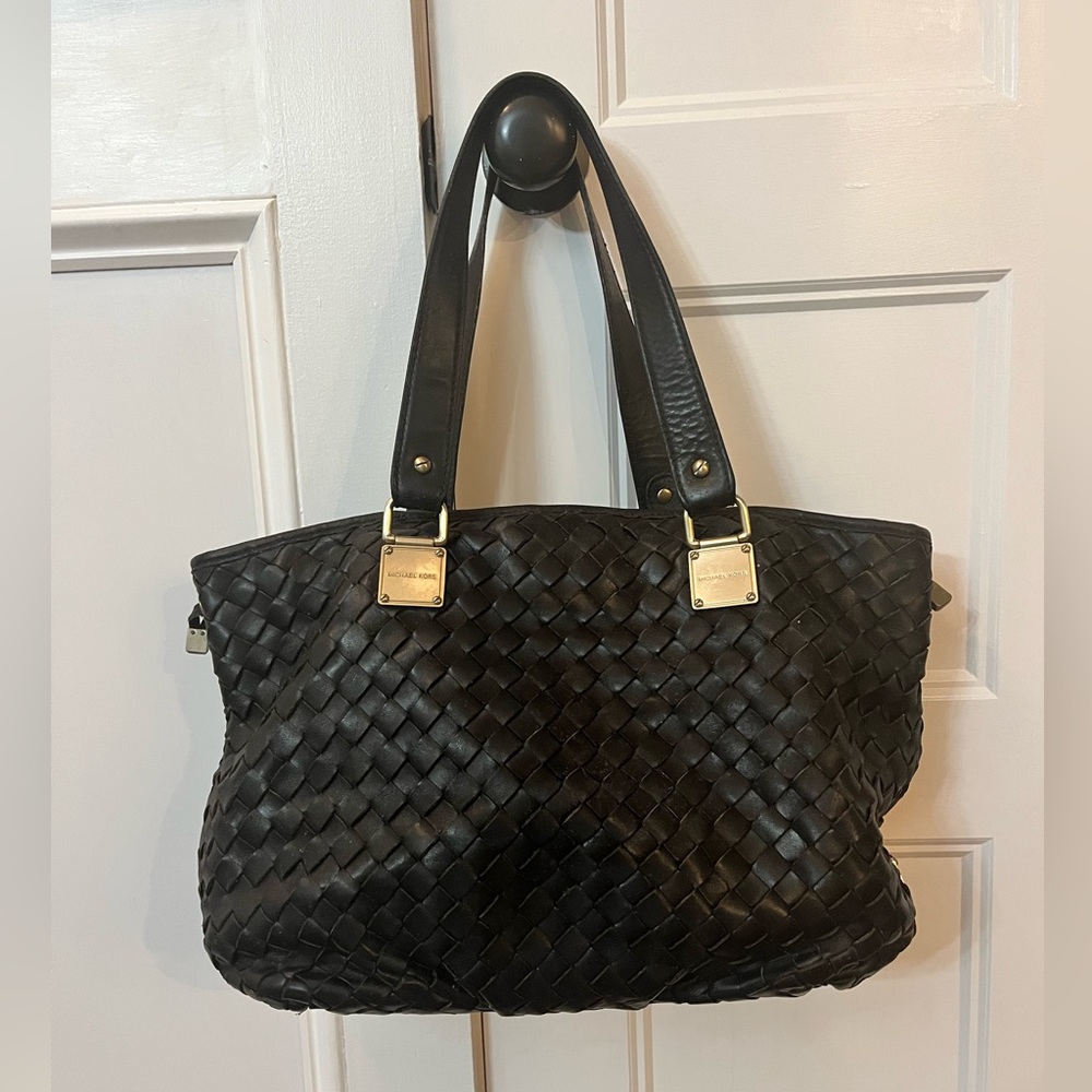 Michael Kors Large Black Woven Leather Satchel Handbag